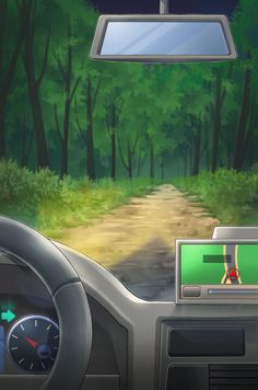 the dashboard of a car is shown with an image of a forest