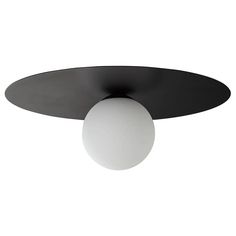 a black and white ceiling light with an egg hanging from it's center point