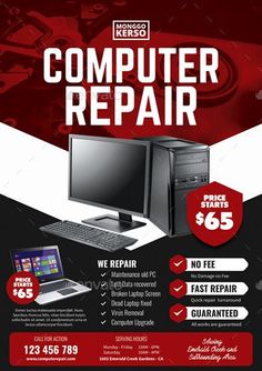 computer repair flyer template with red and black background