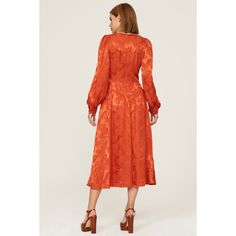 Orange floral jacquard (100% Viscose). Lined (100% Polyester). Hourglass. Long sleeves. Plunge Neck. Back zipper closure. 48" from shoulder to hemline. Imported. Floral Print Jacquard Midi Dress, Evening Floral Print Jacquard Midi Dress, Evening Jacquard Midi Dress With Floral Print, Evening Floral Jacquard Midi Dress, Elegant Jacquard Dresses For Fall, Elegant Jacquard Midi Dress With Floral Print, Spring Jacquard Midi Dress With Floral Print, Whitney Port, Rent The Runway