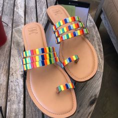 Inc Jayleep Rainbow Sandals. Manmade Upper And Outersole. Brand New In Box. Cushioned Footed. Comfy And Cute. Final Sale Sparkle Flats, Vinyl Dress, Rainbow Sandals, Strappy Wedges, Embellished Sandals, Black Wedge, Black Wedge Sandals, Flip Flop Shoes, Strappy Dresses