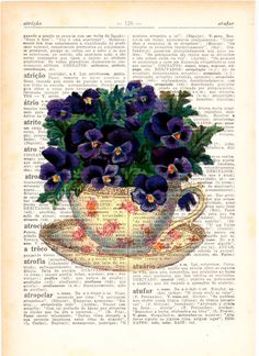 an old book page with flowers in a teacup