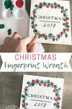 christmas fingerprint wreath is being used to make the stamp on wood for this diy project