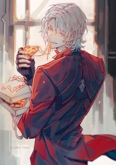 an anime character holding a pizza box and eating it