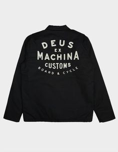 Deus Ex Machina Workshop Coach Jacket. Classic Coach Jacket With Front And Bakc Art, Branded Press Snap Closure And Drawstring Hem. Cotton Coated Water Resistant Canvas. Quilted Polyester Fleece Padded Lining With A Light Garment Wash. Winter Workwear Outerwear With Graphic Print, Black Graphic Print Outerwear For Work, Fitted Graphic Print Outerwear For Work, Overalls Boys, Chino Pants Women, Wwe T Shirts, Coach Jackets, Deus Ex Machina, Boys Graphic Tee