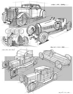 three sketches of old cars, one with wheels and the other without wheels on it