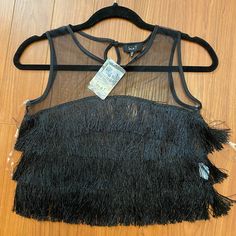 Sheer Black Mesh With Layered Fringe. Smoke-Free Home. Trendy Black Top With Fringe, Trendy Black Fringe Top, Black Fringe Top For Night Out, Black Fringe Tops For Summer, Layered Fringe, Fringe Crop Top, J Black, Denim Skirt Women, Tops Black