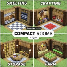 four different types of rooms in the same house, with text overlaying that says compact rooms