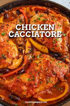 chicken cacciatore with peppers and mushrooms in a skillet