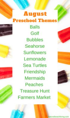 colorful popsicles with the words august preschool themes