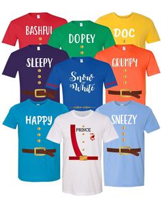 six t - shirts with different slogans on them, including one saying happy and the other saying sleepy