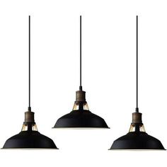 three black pendant lights hanging from the ceiling