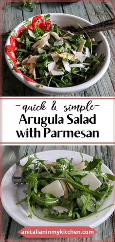 an image of a salad with arugula and parmesan on the side