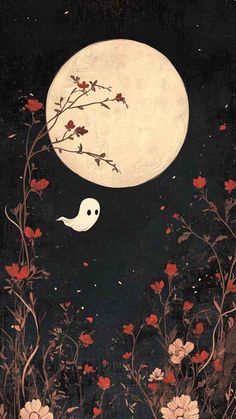 an image of a full moon with flowers in the foreground and a ghost flying over it