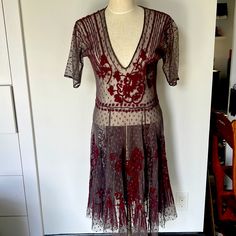 Sheer Slate Grey Mesh With With Burgundy Embroidery. Below Knee Midi Length. This Can Be Worn Boho Style With Boots And Jacket Or Go Fill Out Retro Fancy. This Dress Has Not Been Worn. It Is Sheer And Can Be Worn With A Variety Of Under Pinning A Or A Slip. Burgundy Embroidery, Roaring 20s, Slate Grey, Johnny Was, Mesh Dress, Gorgeous Dresses, Boho Style, Midi Length, Boho Fashion