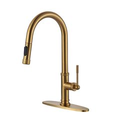 a brass colored faucet with an angled spout