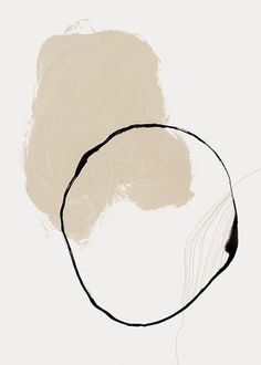 an abstract painting with black and white lines in the shape of a circle on a beige background