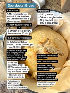 the ingredients for sourdough bread in a bowl on a counter top with instructions about how to make sourdough bread