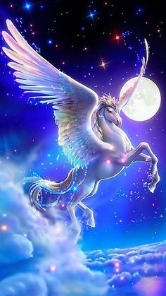 an image of a unicorn flying in the sky with a moon behind it and clouds