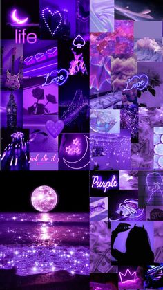 the collage shows many different images in purple and black colors, including stars, clouds,