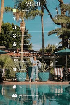 a woman standing in front of a pool with palm trees on the side and an info sheet below