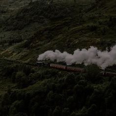 a train traveling down tracks next to a lush green hillside covered in trees and bushes