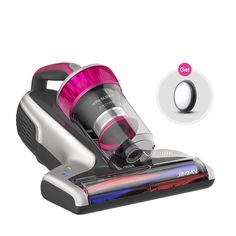 a close up of a vacuum cleaner on a white background with pink and blue accents