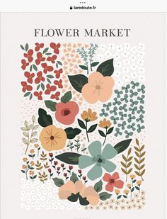 a flower market poster with various flowers and leaves on it's back side, in white