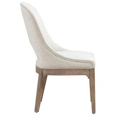 a white upholstered chair with wooden legs and a curved back, viewed from the side