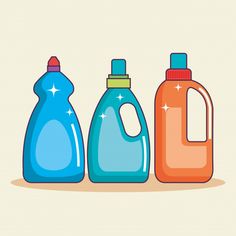 three plastic bottles with different types of cleaners on the side, one blue and one orange