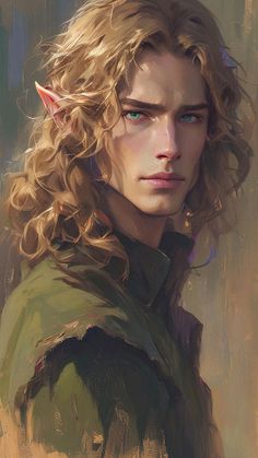 a painting of a young man with long blonde hair and green eyes wearing an elf costume