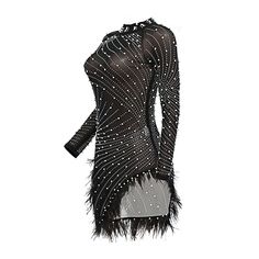 Black Rhinestone Beaded Feathers Hem Sheer Mesh Bodycon Dress Black Embellished Bodycon Dress For Summer, Black Embellished Bodycon Summer Dress, Summer Black Embellished Bodycon Dress, Fitted Beaded Mini Dress For Party Season, Beaded Fitted Mini Dress For Party Season, Black Long Sleeve Mini Dress With Rhinestone Fringe, Fitted Long Sleeve Mini Dress With Rhinestone Fringe, Black Long Sleeve Dress With Rhinestone Fringe, Black Long Sleeve Dresses With Rhinestone Fringe