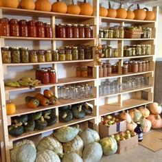 shelves filled with lots of different types of food and jars on top of each shelf