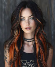 22 Hair Color Ideas 2025 For Brunettes And Blondes With Unique Vivid Edgy Styles Black And Ginger Hair, Fox Dyed Hair, Black And Orange Hair, Fox Hair Dye, Black To Blonde Hair, Witchy Hair