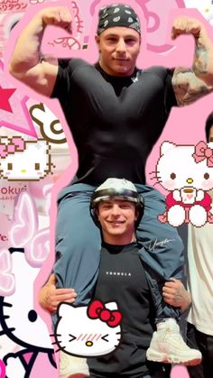 two men are posing in front of a hello kitty background with the same man on his shoulders