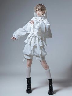 White Ouji Lolita Prince Jacket with Oversized Bunny Ears Hood Types Of Jacket Collars, White Ouji Fashion, Ouji Fashion Female, Oversized Jacket Outfits, Angel Costume Aesthetic, Cuddle Pose Ref, Jacket With Feathers, Angels Costume, Hsr Oc