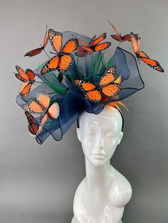 NAVY & MONARCH BUTTERFLY FASCINATOR – The Hat Hive Butterfly Fascinator, Unique Fascinators, Derby Hats Fascinators, Comfortable Headbands, Monarch Butterflies, Derby Day, Derby Hats, Monarch Butterfly, Kids Hats