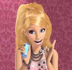 a barbie doll holding a cell phone in her right hand and pointing at the camera