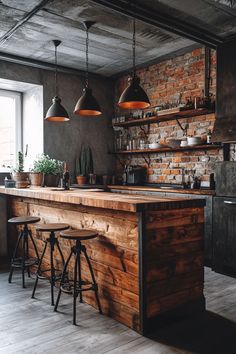 an industrial style kitchen with brick walls and wooden counter tops, stools at the bar