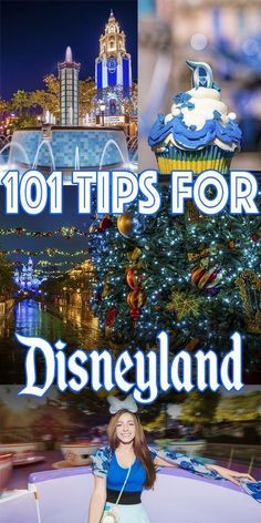 a woman standing in front of a christmas tree with the words 101 tips for disneyland