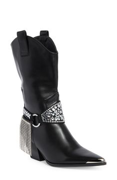 Rhinestone fringe lends extra sparkle and shake to this tall boot with plenty of Western flair from the pointy toe to the curved opening. Synthetic upper, lining and sole Imported Asian & Pacific Islander Owned/Founded Vuarnet Sunglasses, Pacific Islander, Rhinestone Fringe, Azalea Wang, Western Booties, Tall Boot, Straw Bags, Designer Crossbody Bags, Sandals Brands