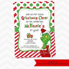 the grinch christmas party invitation is shown in red and green