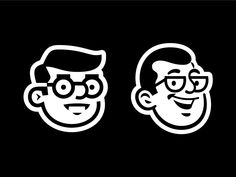 two stickers depicting the faces of men with glasses and beards on black background