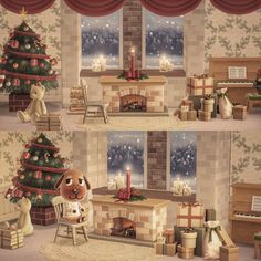 this is a christmas scene with fireplace and presents