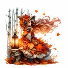 a woman with long hair and a hat is standing in front of a lantern surrounded by autumn leaves