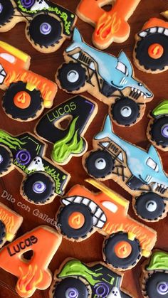 decorated cookies with monster trucks on them