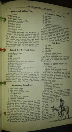 an old recipe book is open to show information about the desserts and other items