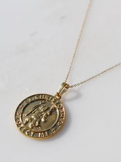 Saint Christopher Protect Me Brass Medallion Necklace Tarnish Resistant, Tarnish Resistant Brass Medallion Necklace, Nickel-free Yellow Gold Medallion Coin Necklace, Bronze Tarnish-resistant Medallion Necklace, Vintage Yellow Gold Tarnish Resistant Medallion Necklace, Vintage Yellow Gold Tarnish-resistant Medallion Necklace, Vintage Gold Medallion Necklace Tarnish Resistant, Engraved Gold Plated Medallion Necklace, Gold Medallion Locket Necklace