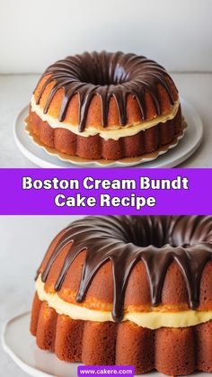 boston cream bundt cake recipe on a white plate