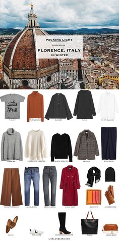 the travel guide for italy with all the essential items to pack in it, including clothing and accessories